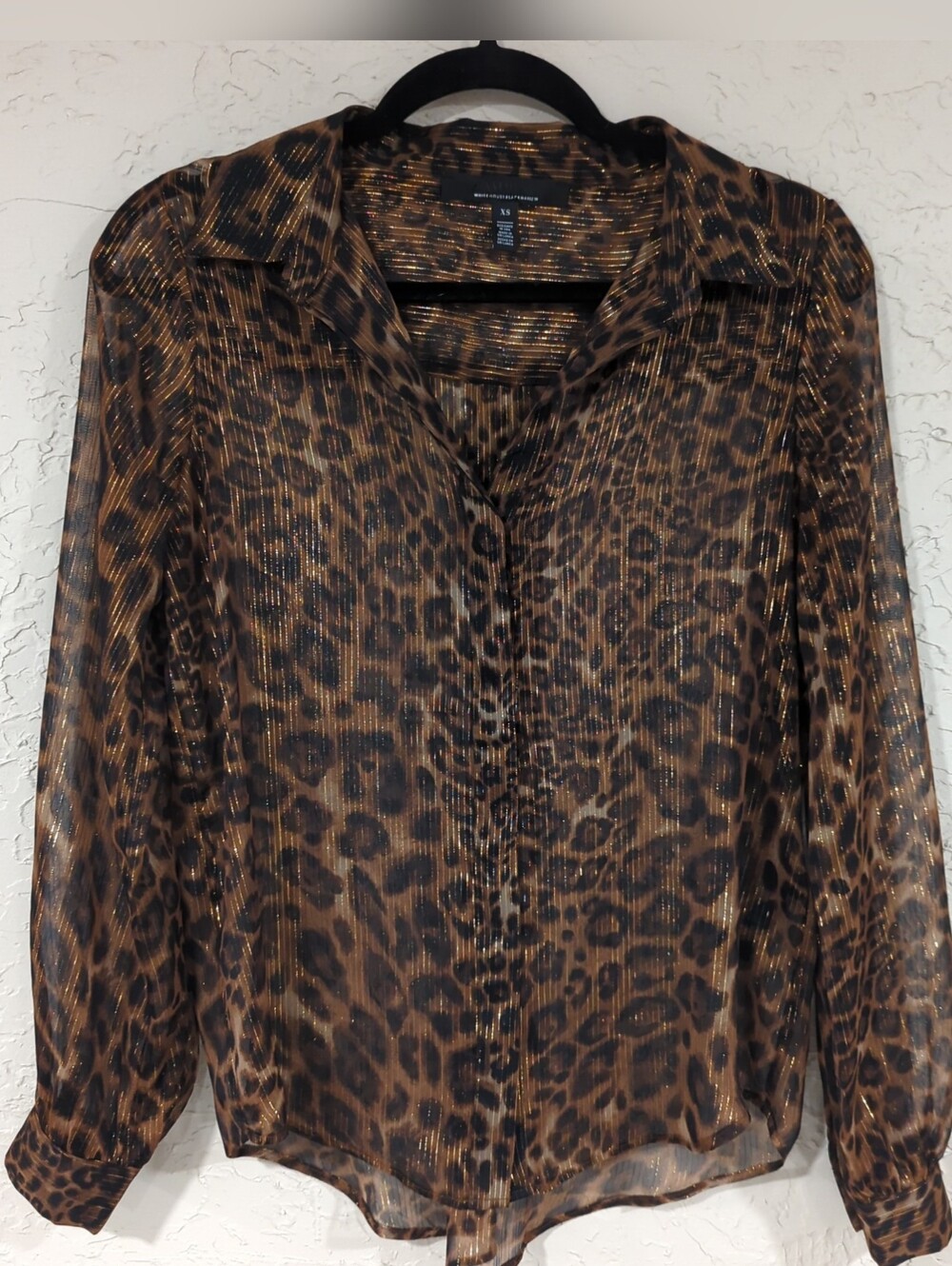White House Black Market Sheer Leopard Print Button-Up Blouse With Gold Women XS